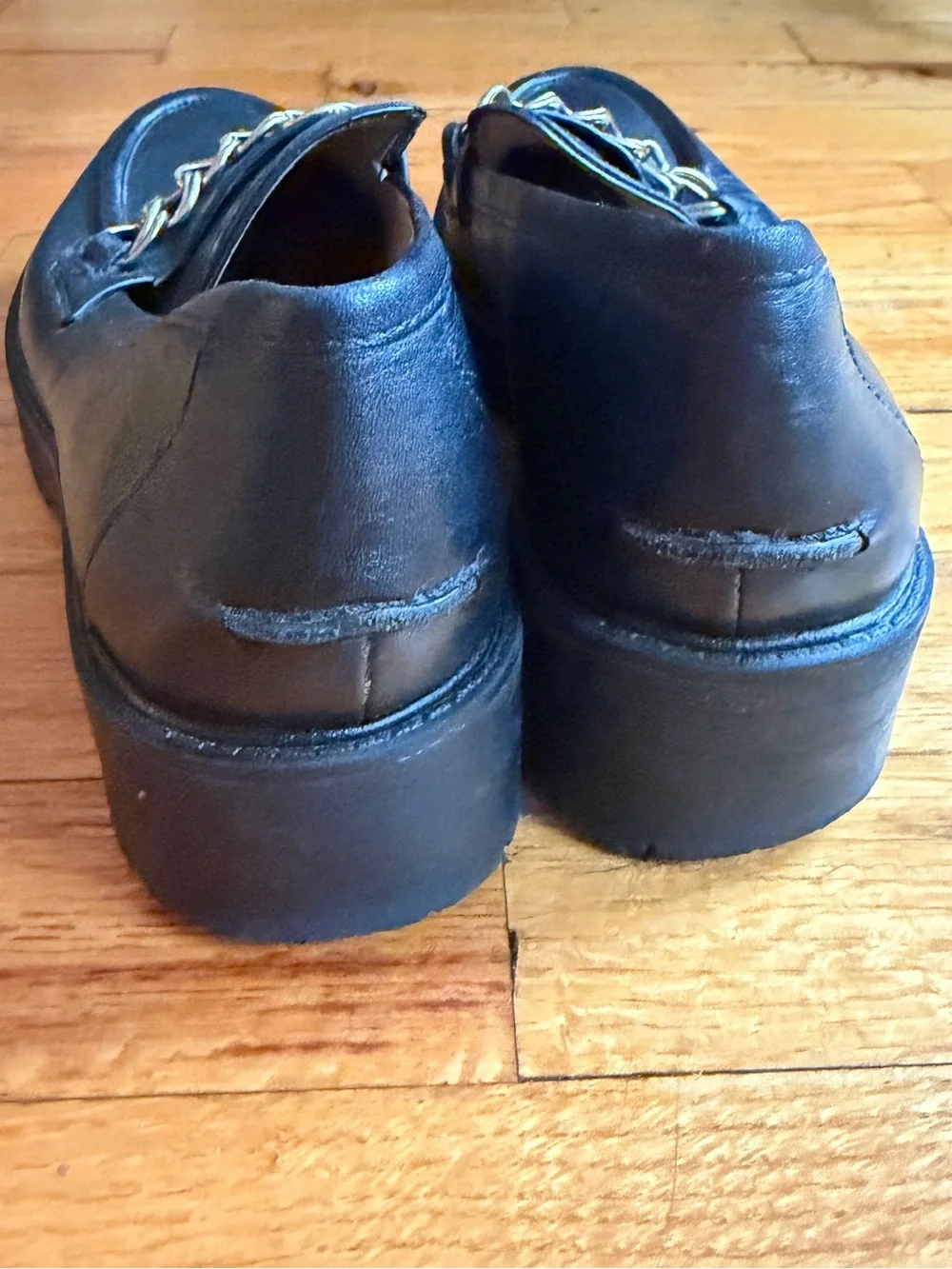 Sam Edelman Black Leather Loafers with Gold Chain Accent